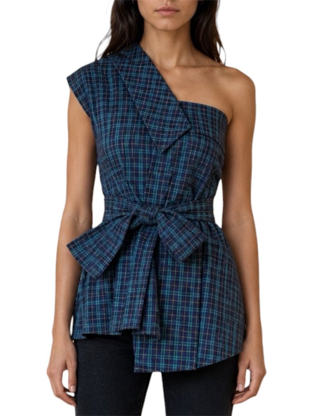 M Peterysyn Hadley Plaid One Shoulder Tie Waist Top